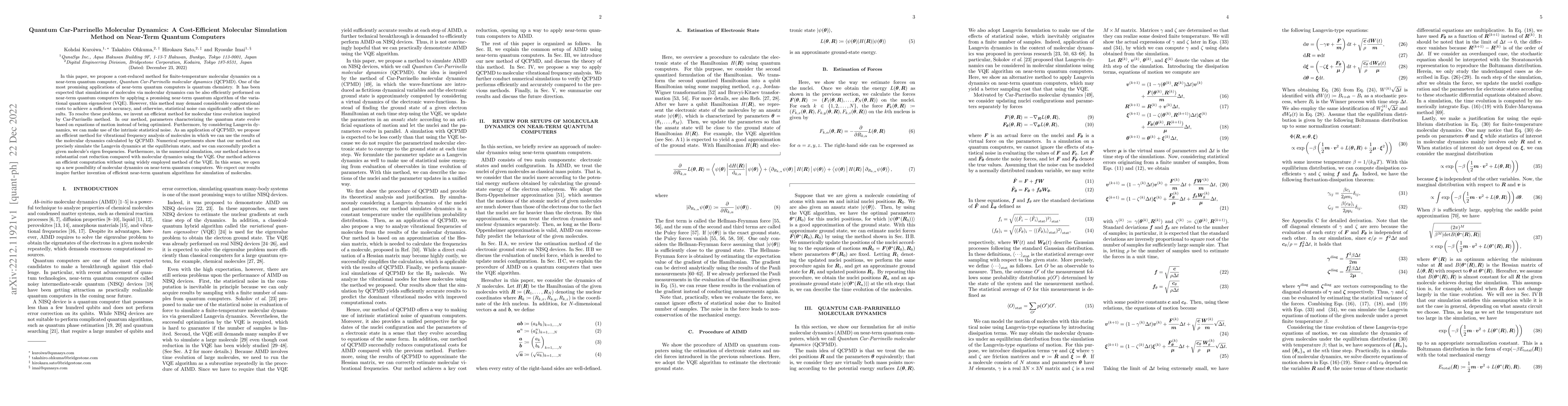 Thumbnail for Quantum Car-Parrinello Molecular Dynamics: A Cost-Efficient Molecular
  Simulation Method on Near-Term Quantum Computers