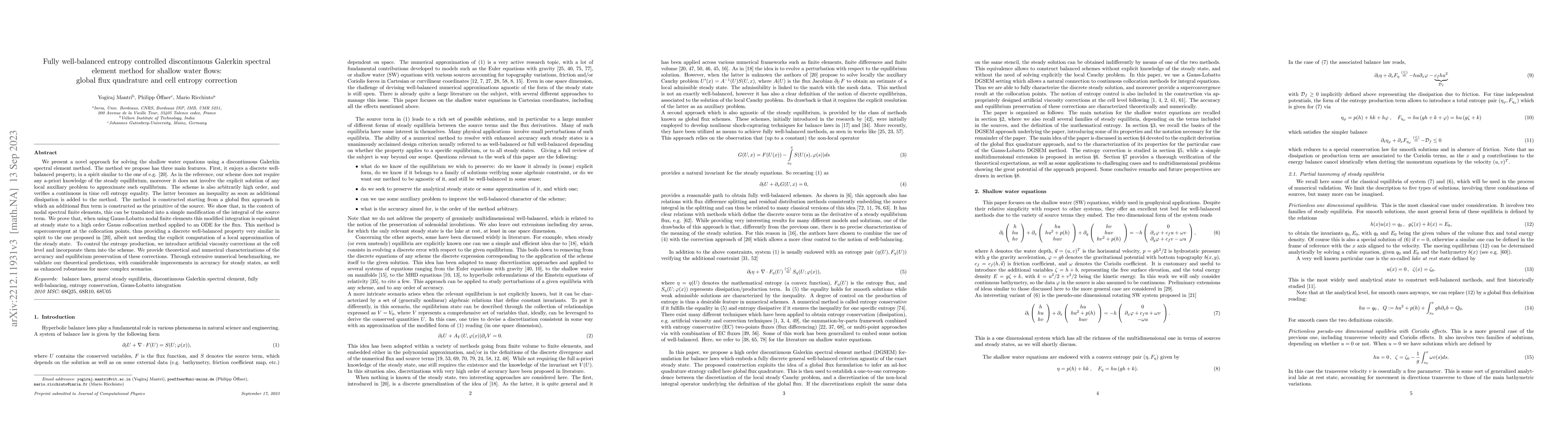 Thumbnail for Fully well-balanced entropy controlled discontinuous Galerkin spectral
  element method for shallow water flows: global flux quadrature and cell
  entropy correction