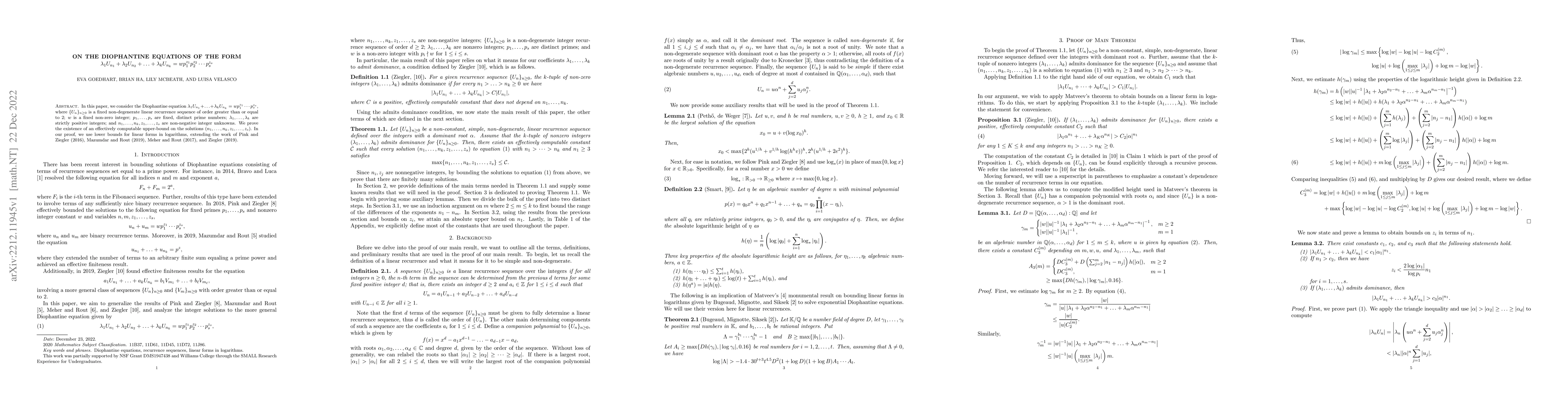 Thumbnail for On the Diophantine equations of the form $\lambda_1U_{n_1} +
  \lambda_2U_{n_2} +\ldots + \lambda_kU_{n_k} = wp_1^{z_1}p_2^{z_2} \cdots
  p_s^{z_s}$