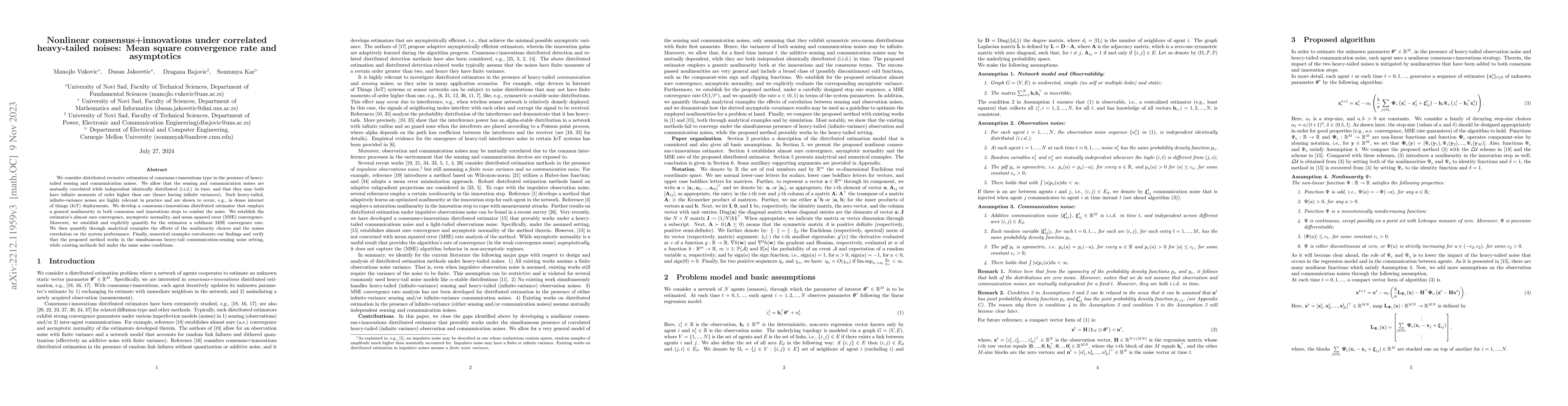 Thumbnail for Nonlinear consensus+innovations under correlated heavy-tailed noises:
  Mean square convergence rate and asymptotics