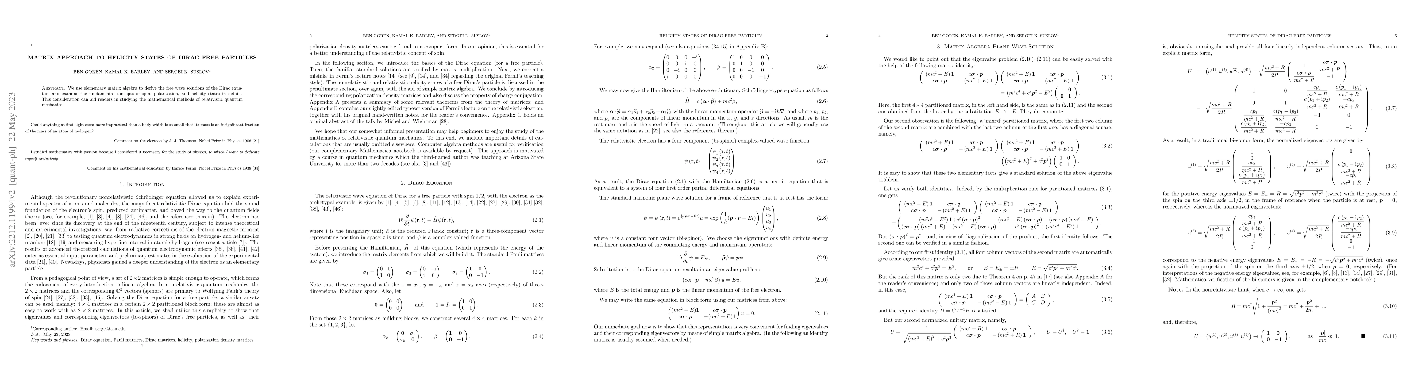 Thumbnail for Matrix Approach to Helicity States of Dirac Free Particles