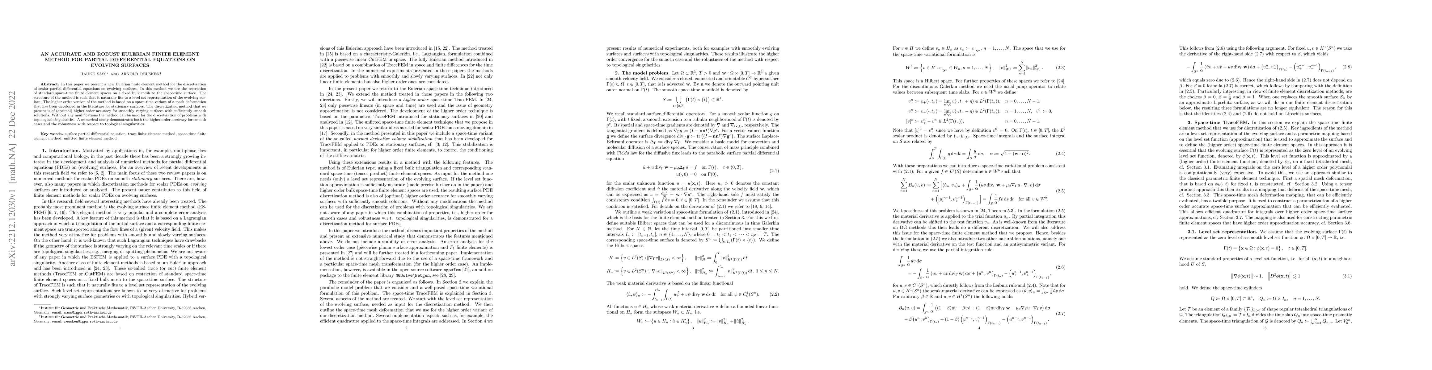 Thumbnail for An Accurate and Robust Eulerian Finite Element Method for Partial
  Differential Equations on Evolving Surfaces