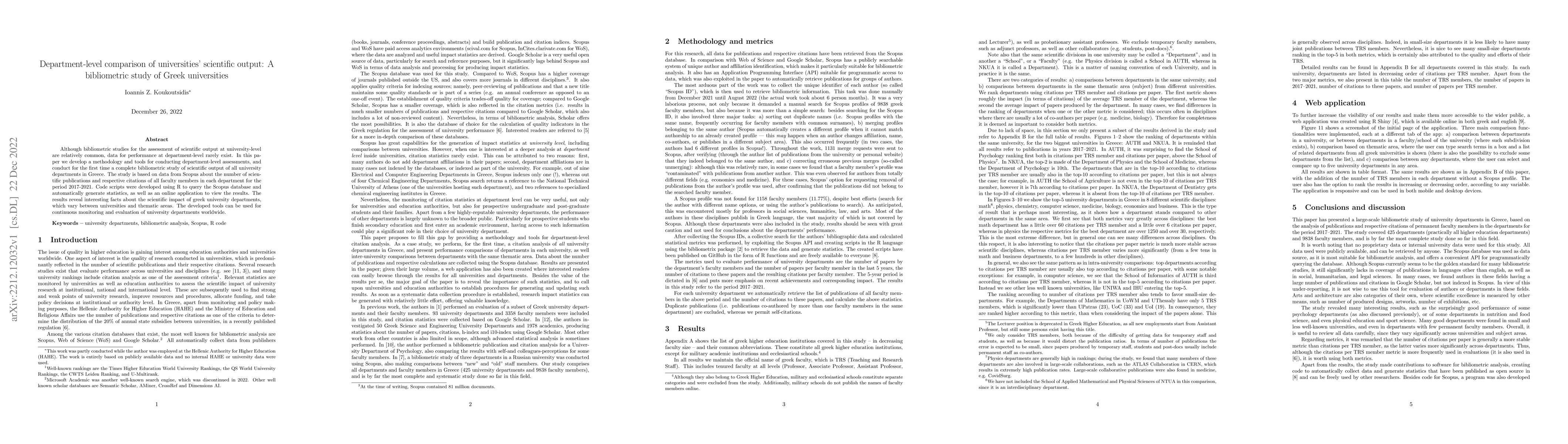 Thumbnail for Department-level comparison of universities' scientific output: A
  bibliometric study of Greek universities