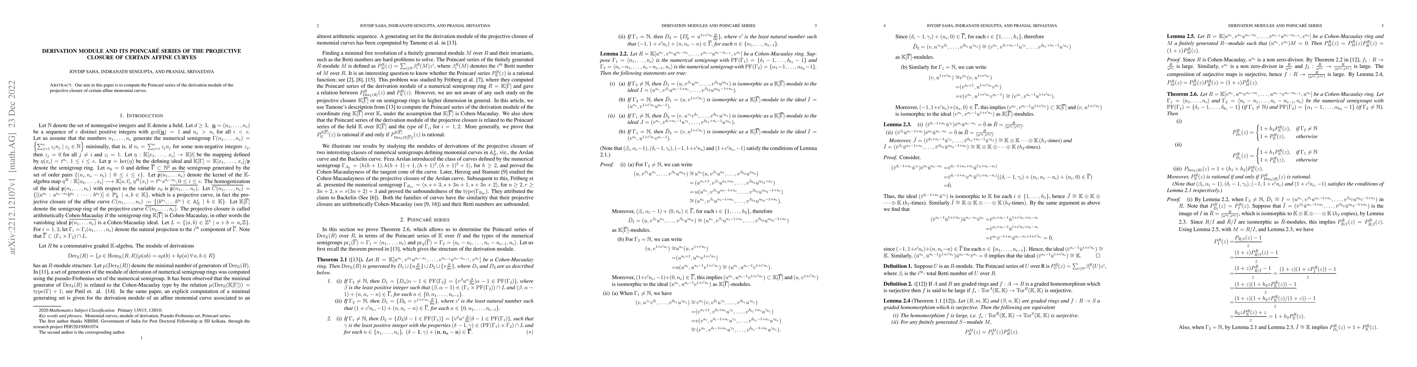 Thumbnail for Derivation module and its Poincar\'{e} series of the projective closure
  of certain affine curves