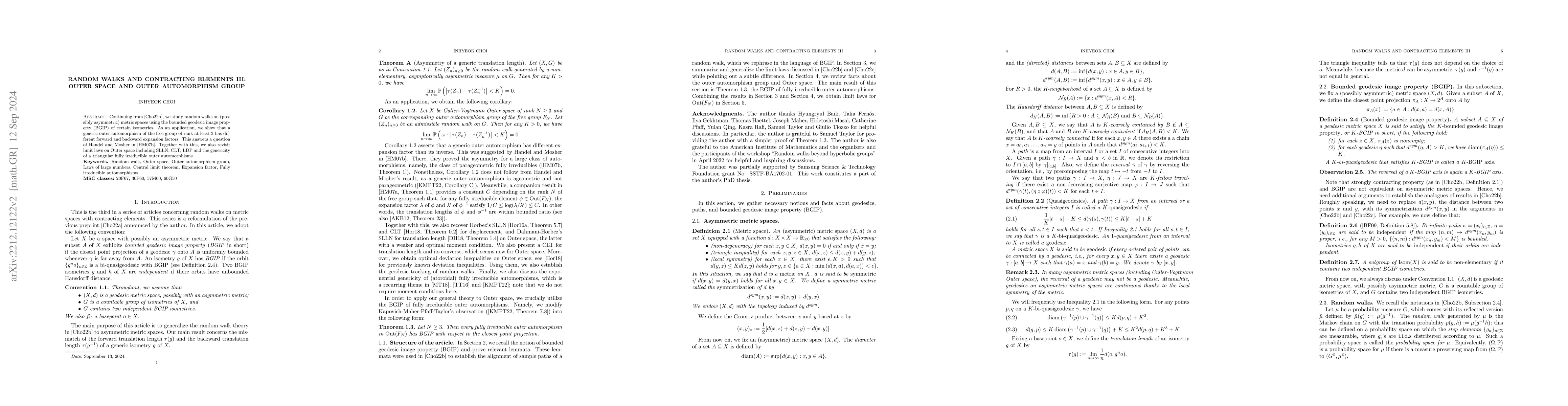 Thumbnail for Random walks and contracting elements III: Outer space and outer
  automorphism group