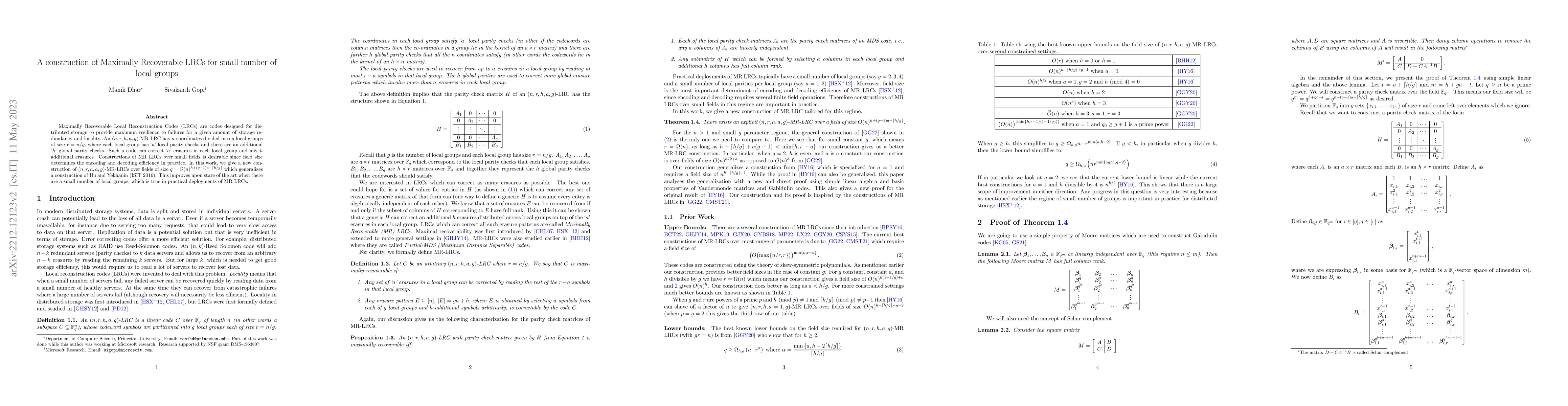 Thumbnail for A construction of Maximally Recoverable LRCs for small number of local
  groups