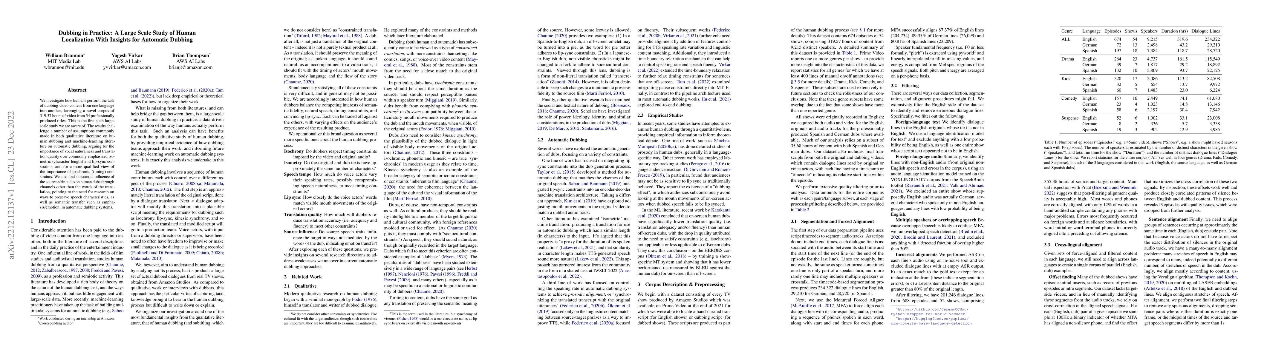 Thumbnail for Dubbing in Practice: A Large Scale Study of Human Localization With
  Insights for Automatic Dubbing