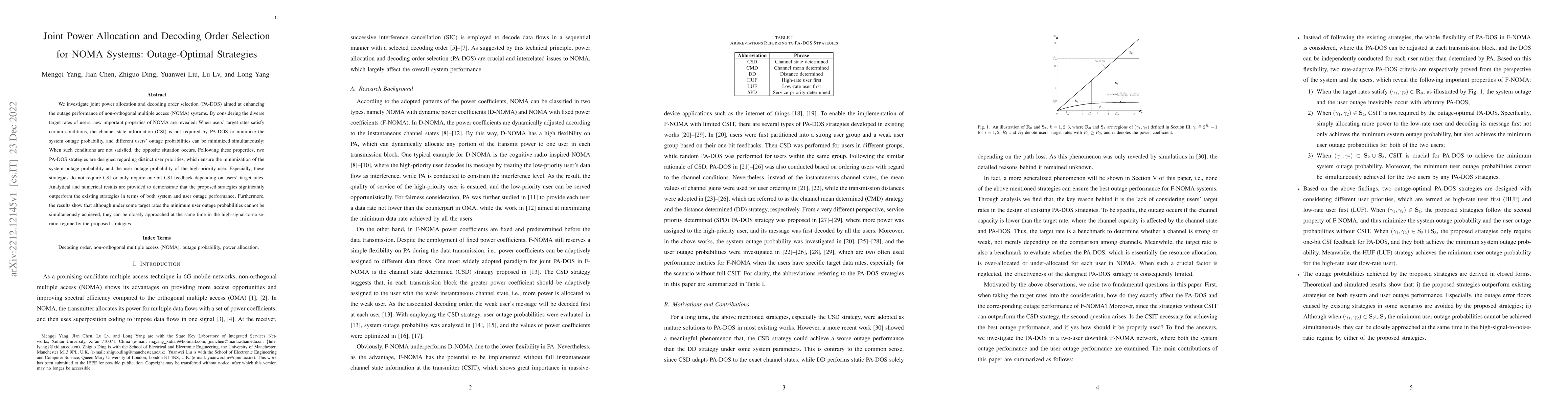 Thumbnail for Joint Power Allocation and Decoding Order Selection for NOMA Systems:
  Outage-Optimal Strategies