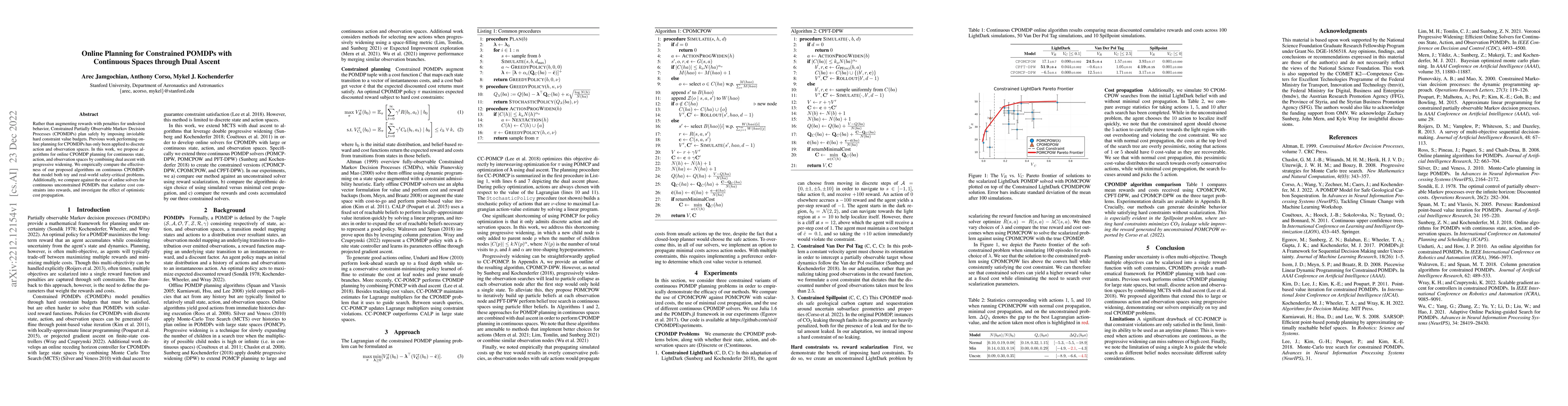 Thumbnail for Online Planning for Constrained POMDPs with Continuous Spaces through
  Dual Ascent