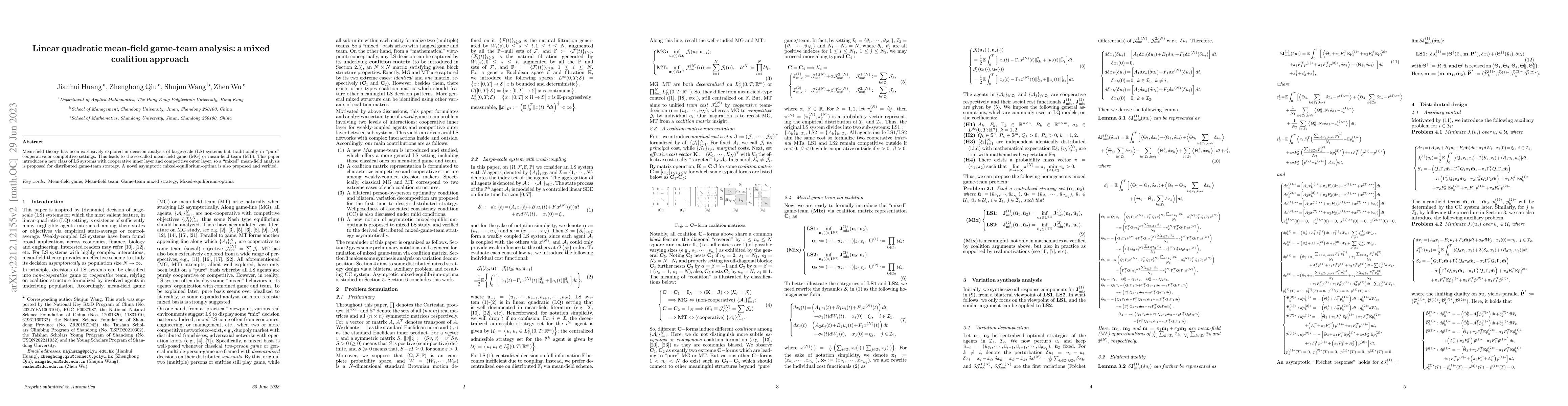 Thumbnail for Linear quadratic mean-field game-team analysis: a mixed coalition
  approach