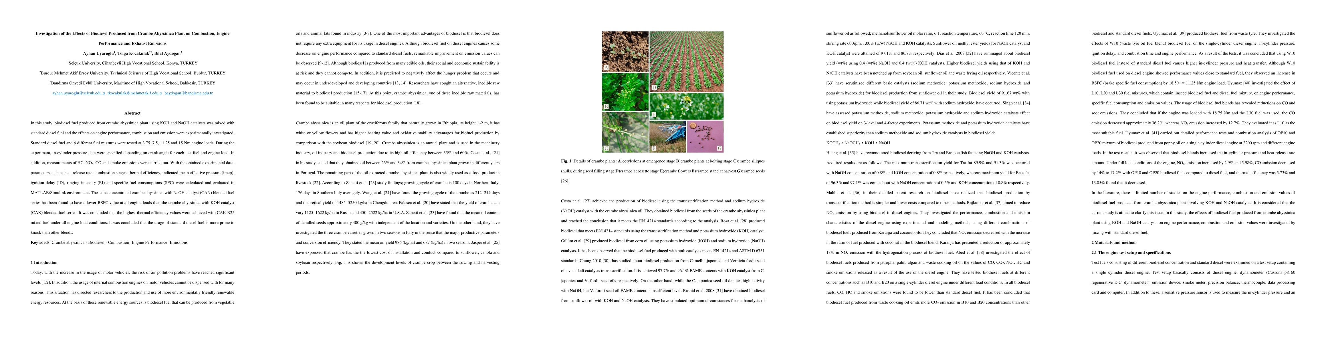 Thumbnail for Investigation of the Effects of Biodiesel Produced from Crambe
  Abyssinica Plant on Combustion, Engine Performance and Exhaust Emissions