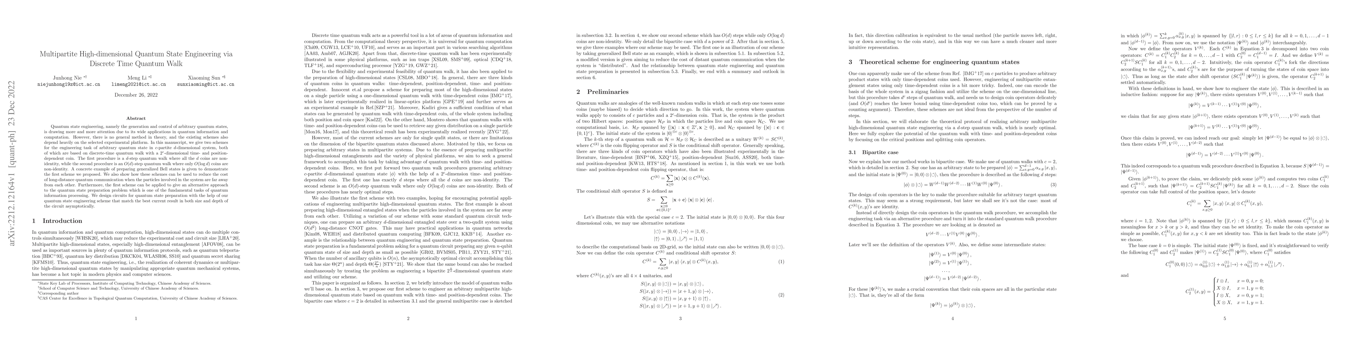 Thumbnail for Multipartite High-dimensional Quantum State Engineering via Discrete
  Time Quantum Walk