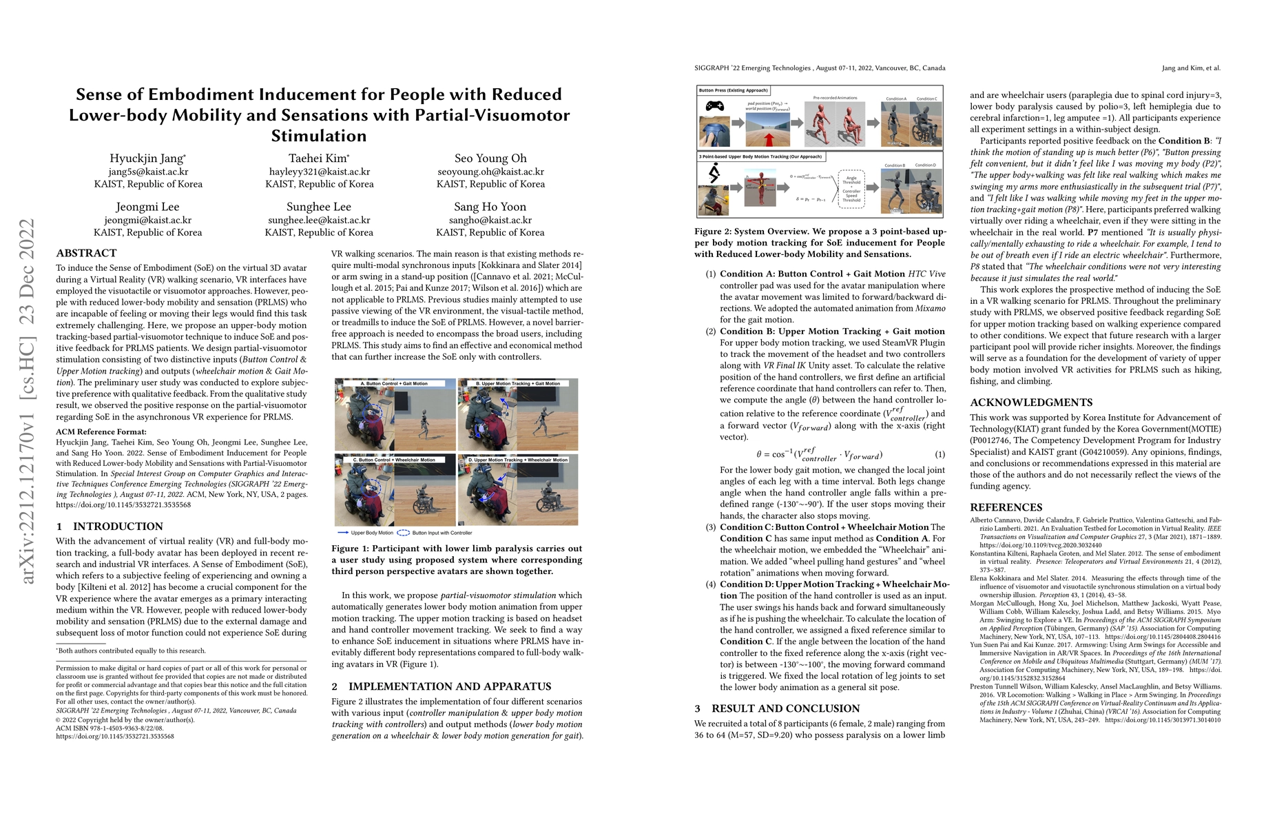 Thumbnail for Sense of Embodiment Inducement for People with Reduced Lower-body
  Mobility and Sensations with Partial-Visuomotor Stimulation
