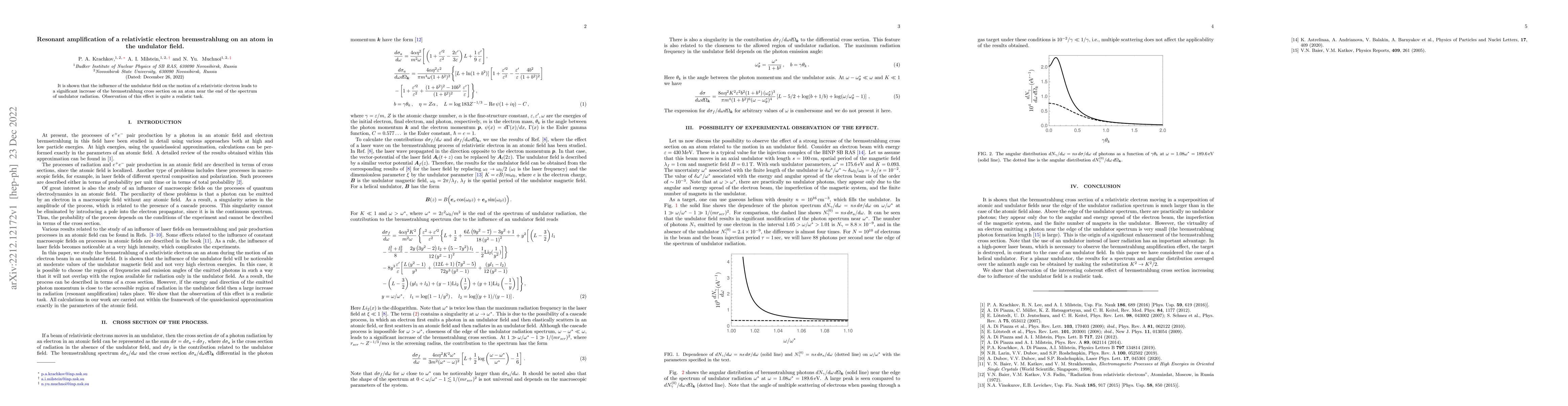 Thumbnail for Resonant amplification of a relativistic electron bremsstrahlung on an
  atom in the undulator field