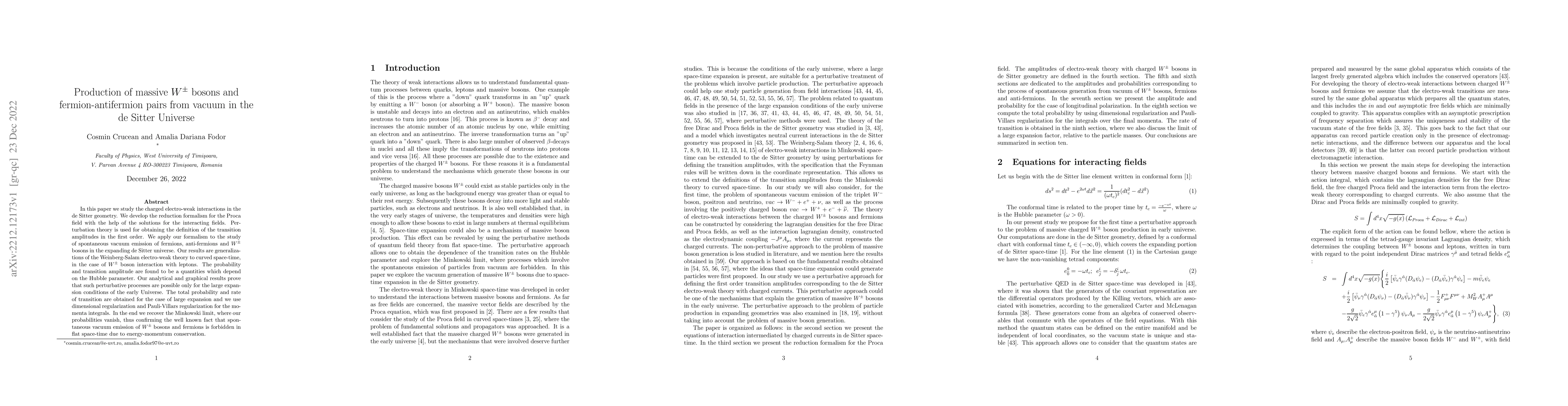 Thumbnail for Production of massive $W^{\pm}$ bosons and fermion-antifermion pairs
  from vacuum in the de Sitter Universe