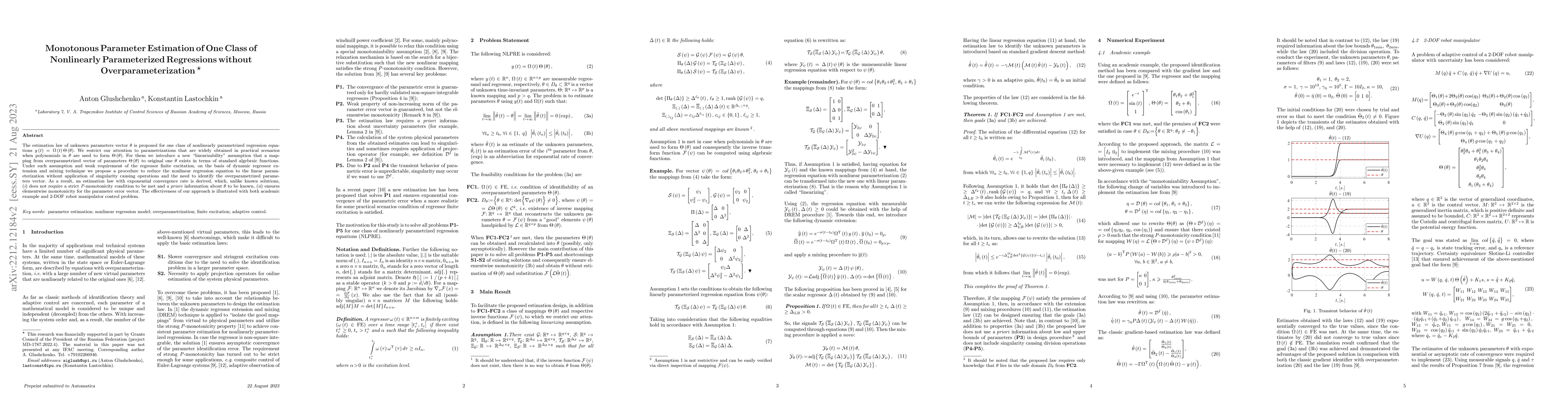 Thumbnail for Monotonous Parameter Estimation of One Class of Nonlinearly
  Parameterized Regressions without Overparameterization