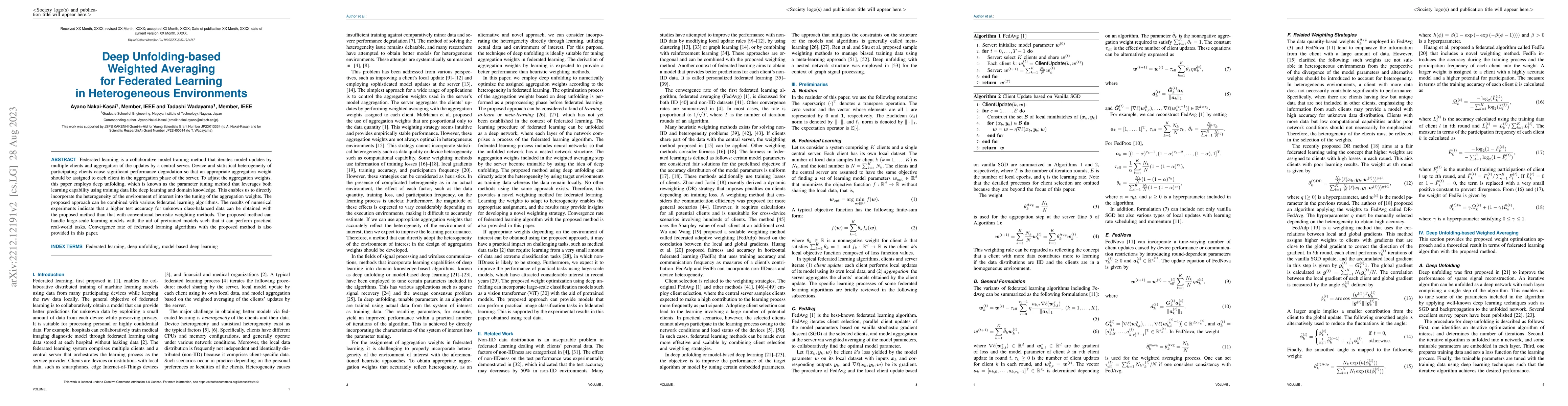 Thumbnail for Deep Unfolding-based Weighted Averaging for Federated Learning in
  Heterogeneous Environments