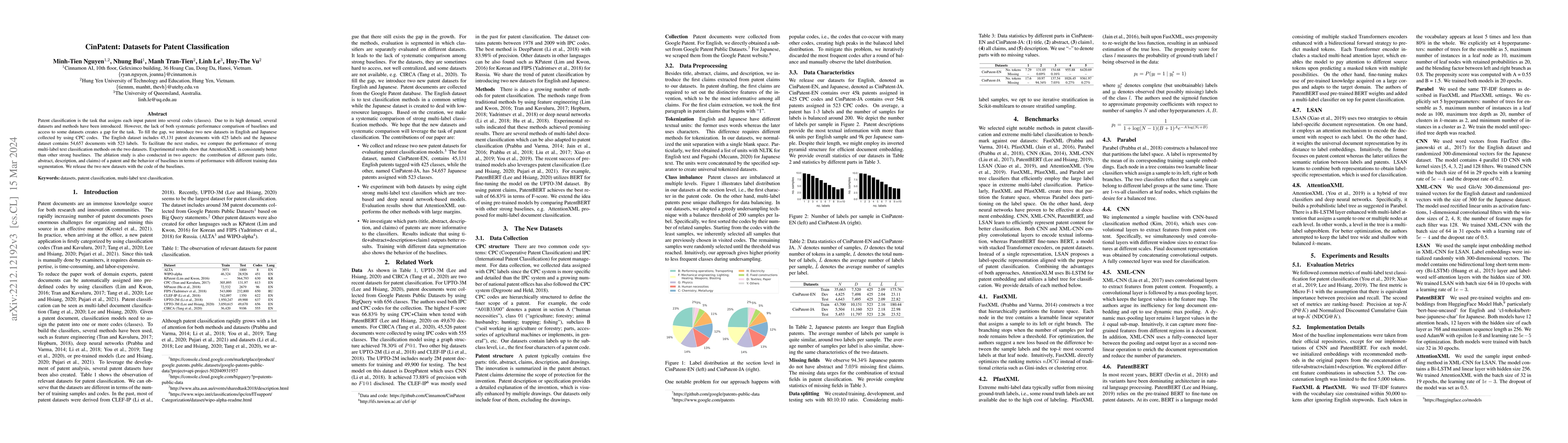 Thumbnail for CinPatent: Datasets for Patent Classification