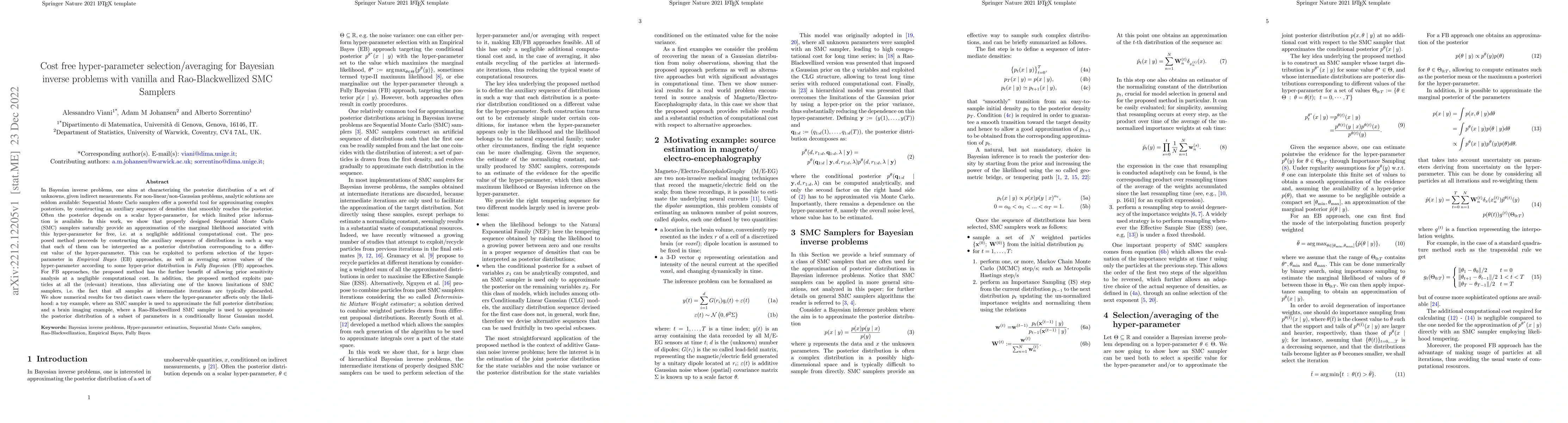 Thumbnail for Cost free hyper-parameter selection/averaging for Bayesian inverse
  problems with vanilla and Rao-Blackwellized SMC Samplers