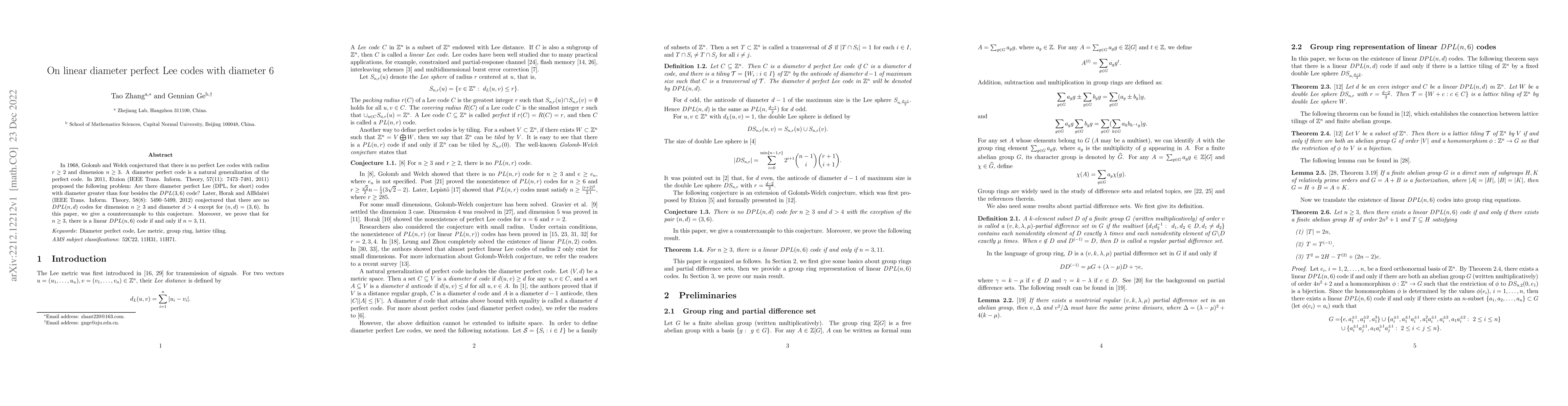 Thumbnail for On linear diameter perfect Lee codes with diameter 6