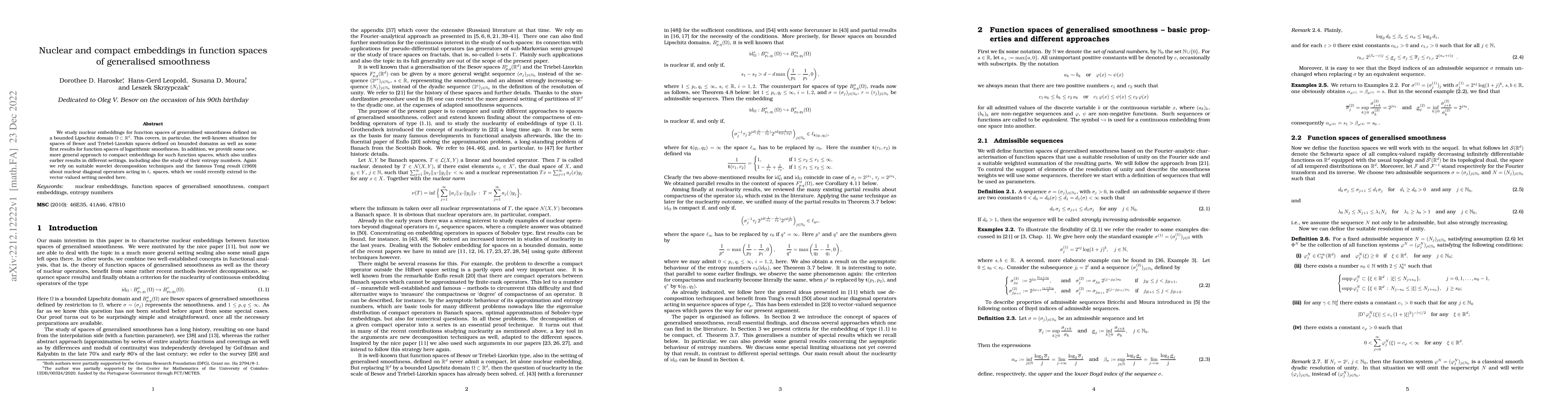 Thumbnail for Nuclear and compact embeddings in function spaces of generalised
  smoothness