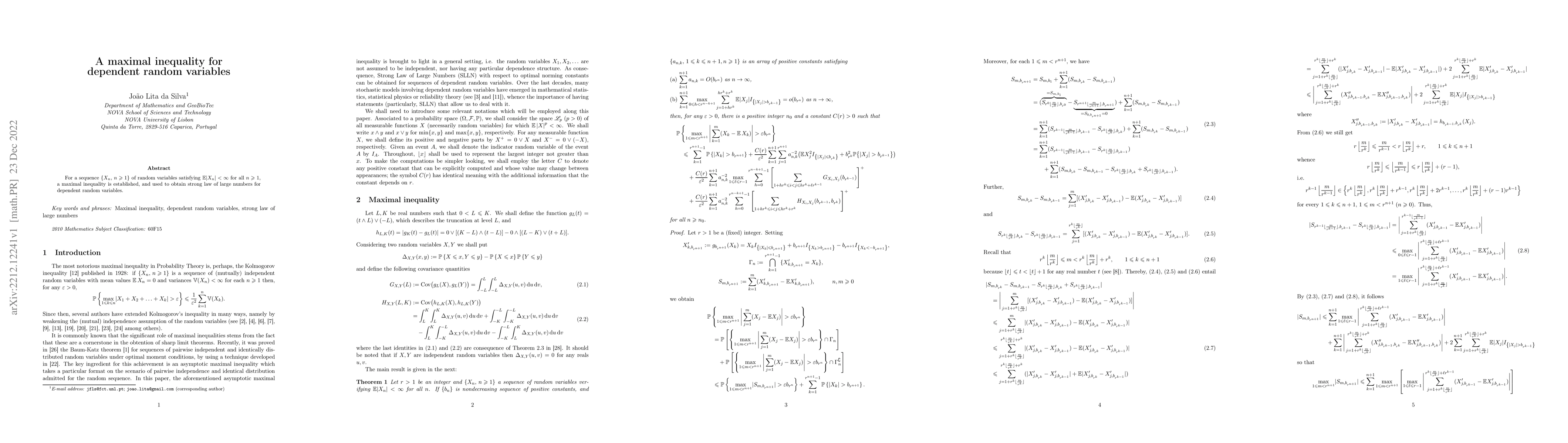 Thumbnail for A maximal inequality for dependent random variables