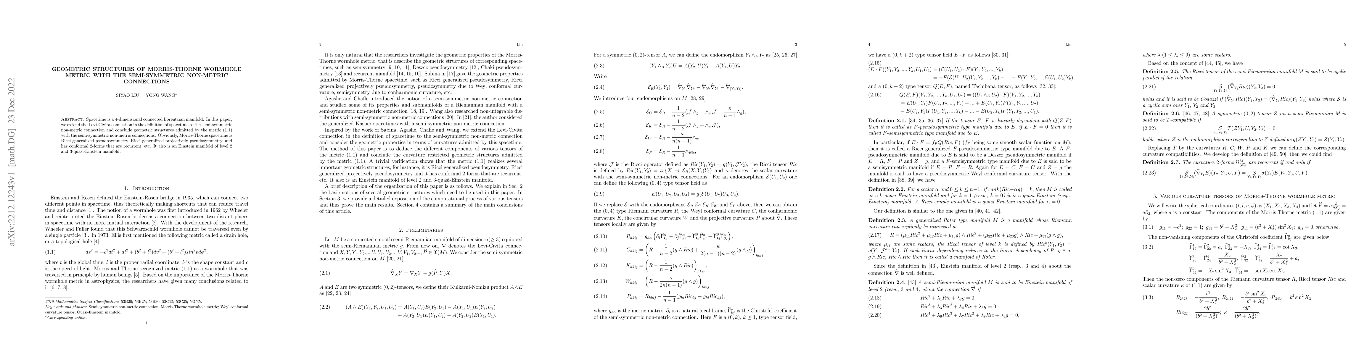 Thumbnail for Geometric structures of Morris-Thorne wormhole metric with the
  semi-symmetric non-metric connections