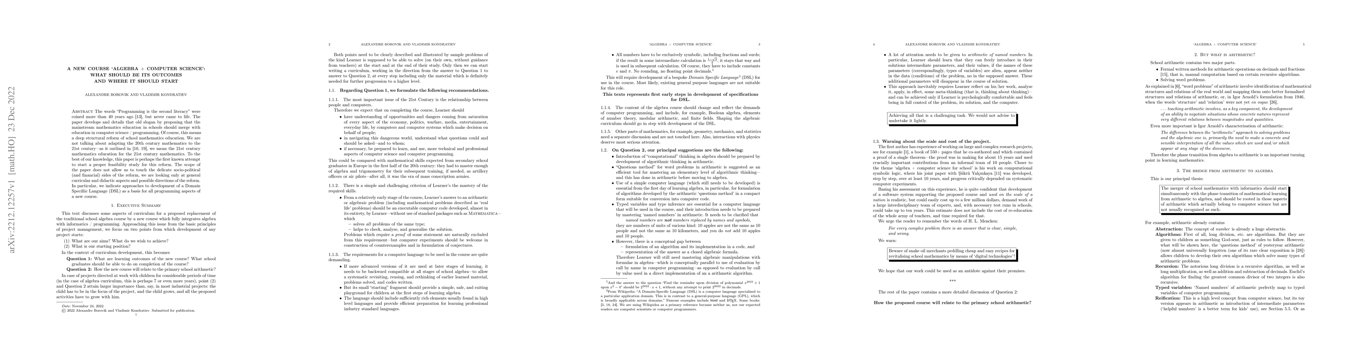 Thumbnail for A new course `Algebra + Computer Science': What should be its outcomes
  and where it should start