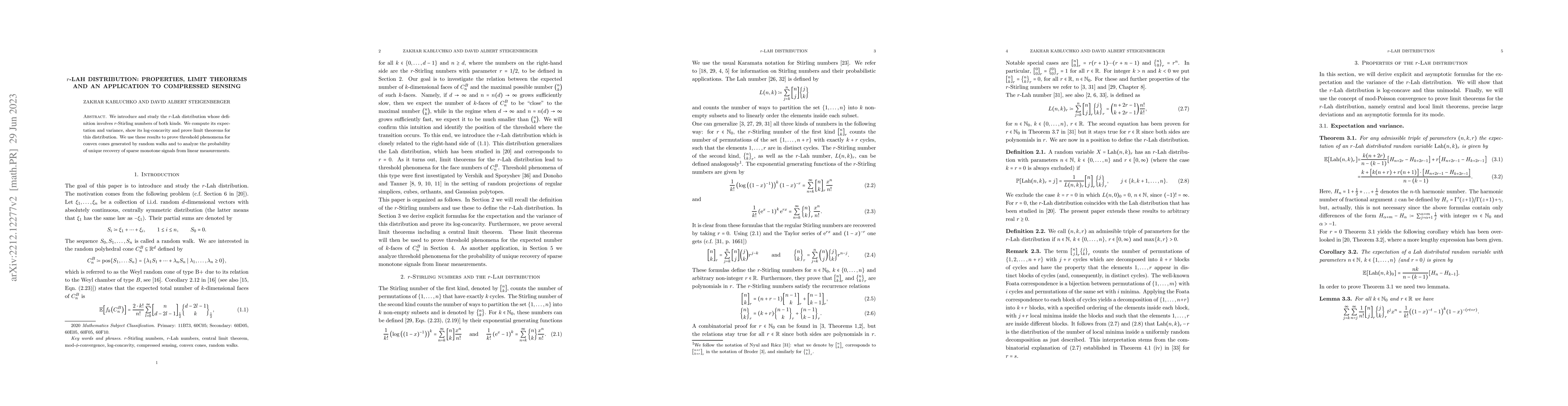 Thumbnail for r-Lah Distribution: Properties, Limit Theorems and an Application to
  Compressed Sensing