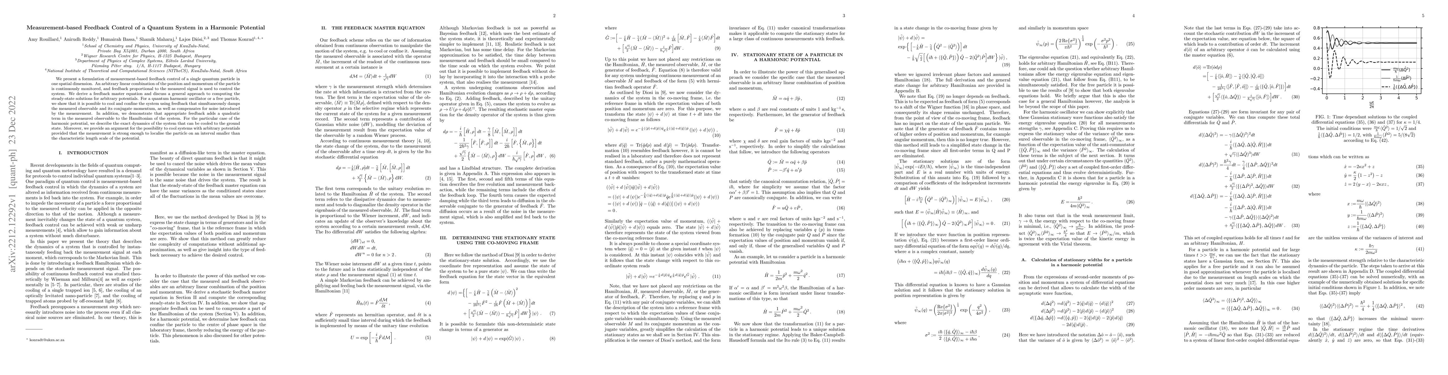 Thumbnail for Measurement-based Feedback Control of a Quantum System in a Harmonic
  Potential