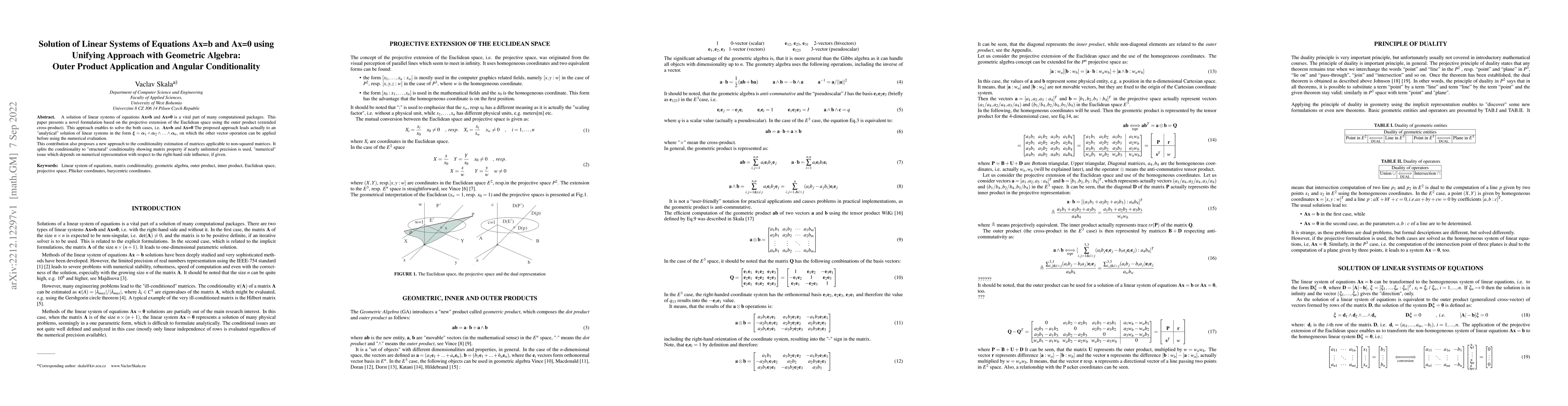 Thumbnail for Solution of Linear Systems of Equations Ax=b and Ax=0 using Unifying
  Approach with Geometric Algebra: Outer Product Application and Angular
  Conditionality