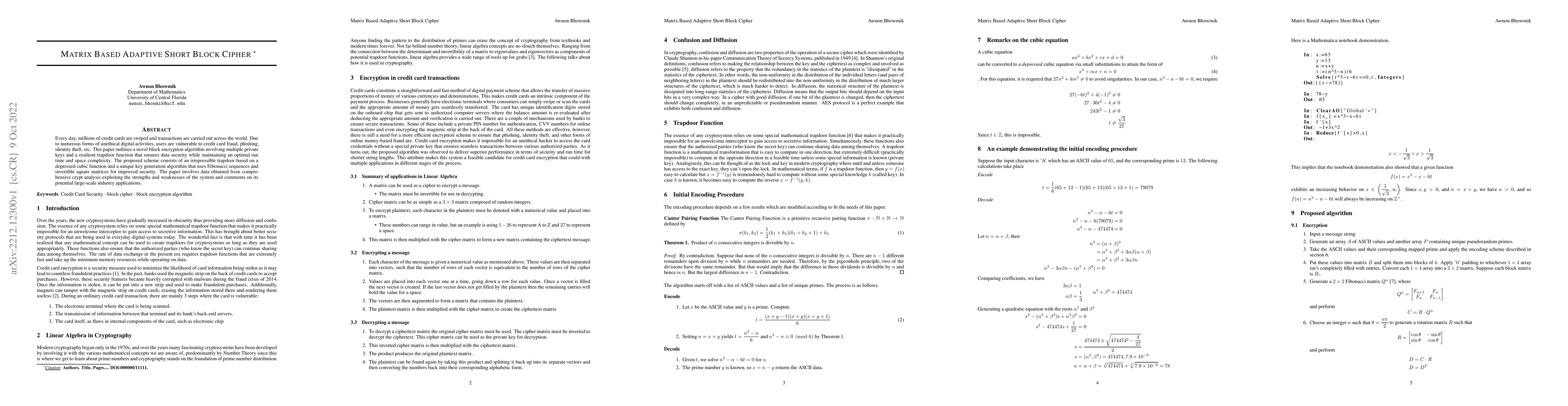 Thumbnail for Matrix Based Adaptive Short Block Cipher