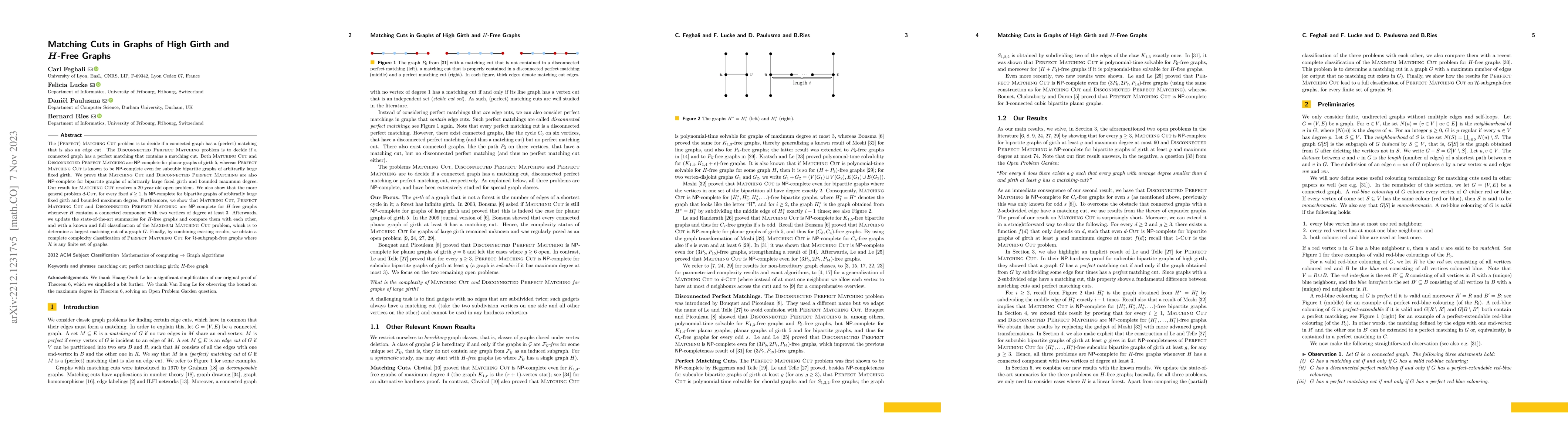 Thumbnail for Matching Cuts in Graphs of High Girth and H-Free Graphs