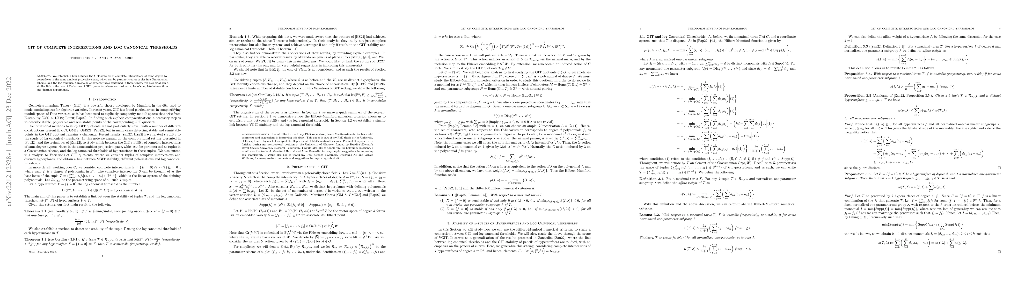 Thumbnail for GIT of complete intersections and log canonical thresholds