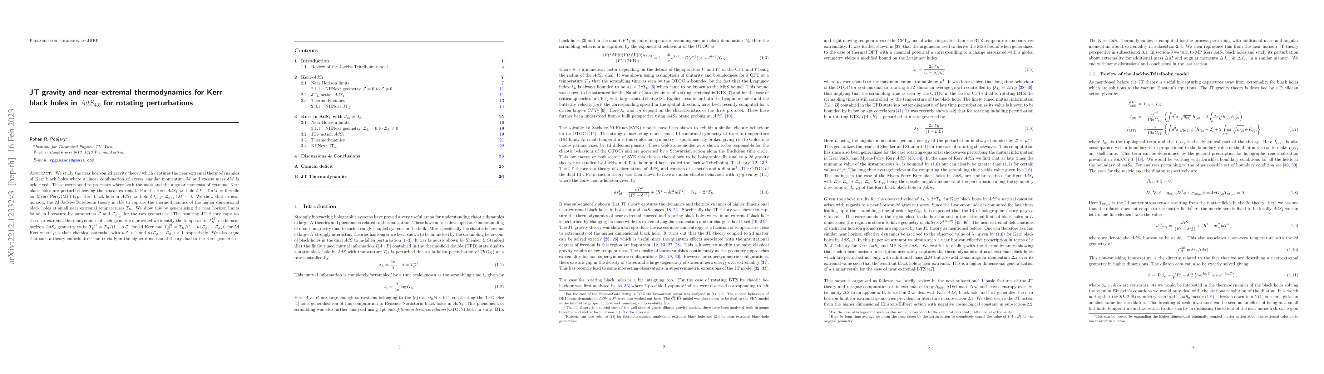 Thumbnail for JT gravity and near-extremal thermodynamics for Kerr black holes in
  $AdS_{4,5}$ for rotating perturbations