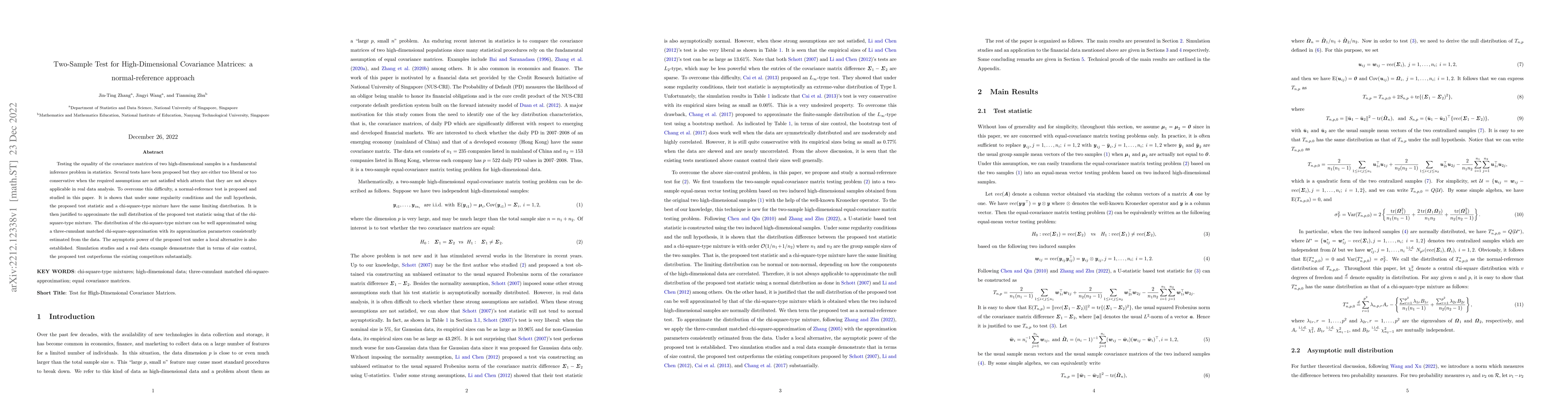 Thumbnail for Two-Sample Test for High-Dimensional Covariance Matrices: a
  normal-reference approach