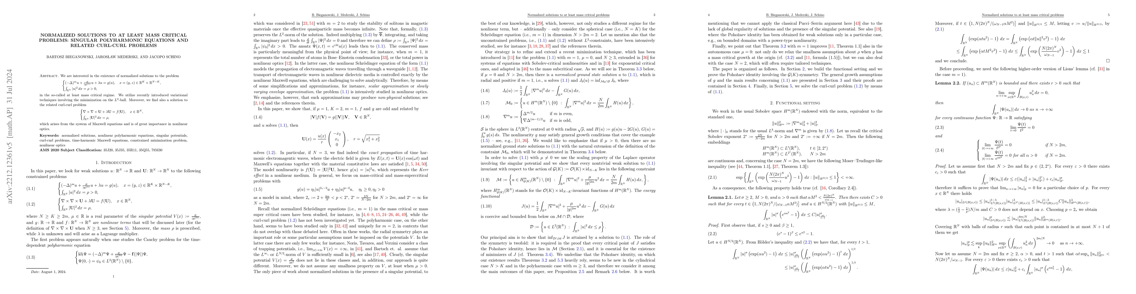 Thumbnail for Normalized solutions to at least mass critical problems: singular
  polyharmonic equations and related curl-curl problems