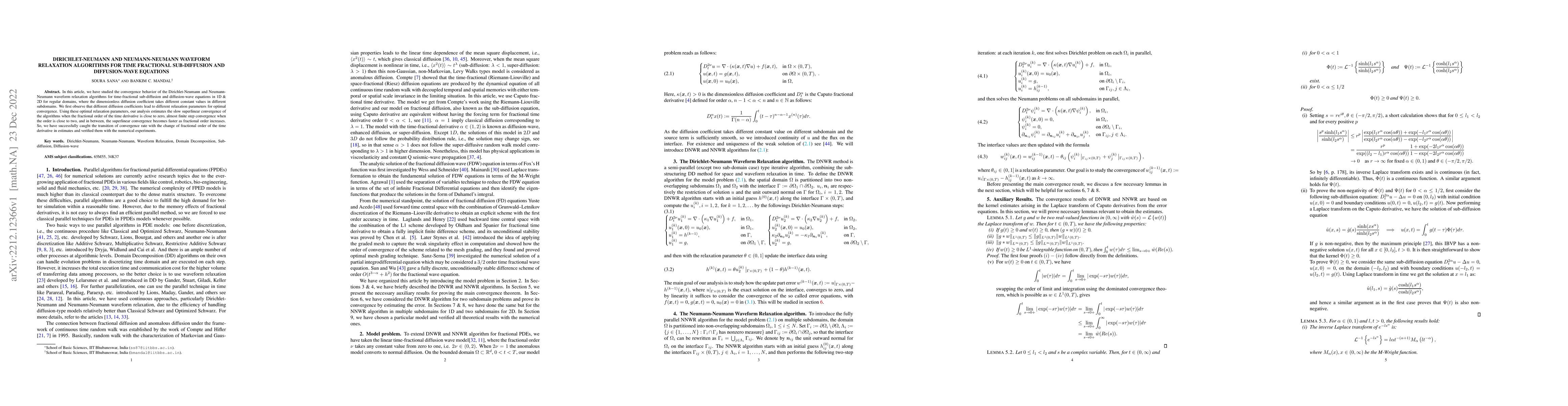 Thumbnail for Dirichlet-Neumann and Neumann-Neumann waveform relaxation algorithms for
  time fractional sub-diffusion and diffusion-wave equations