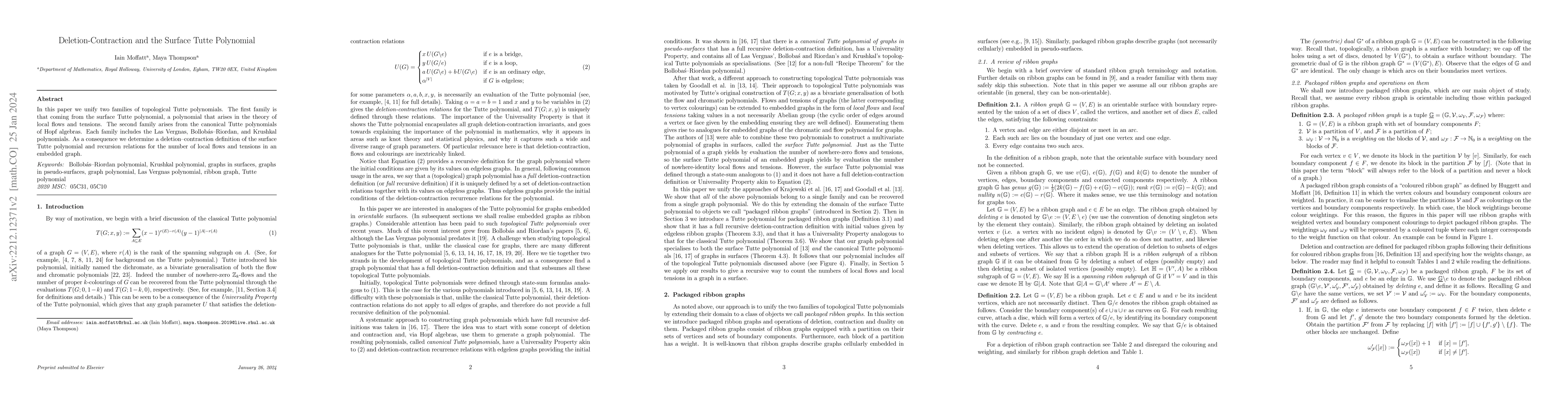 Thumbnail for Deletion-Contraction and the Surface Tutte Polynomial