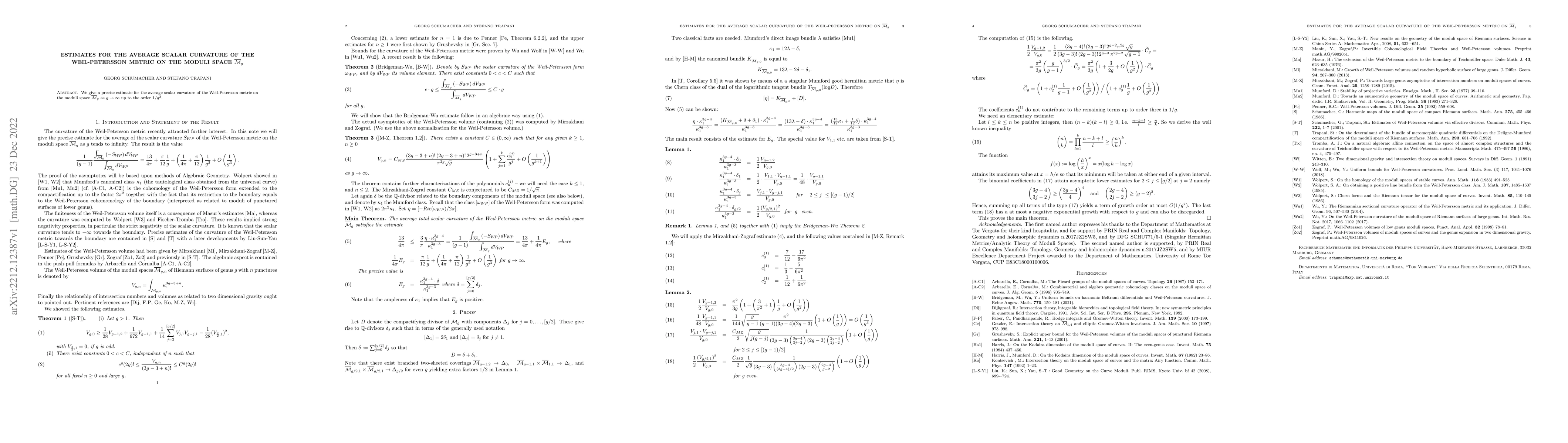 Thumbnail for Estimates for the average scalar curvature of the Weil-Petersson metric
  on the Moduli space $\overline{\cal M}_g$
