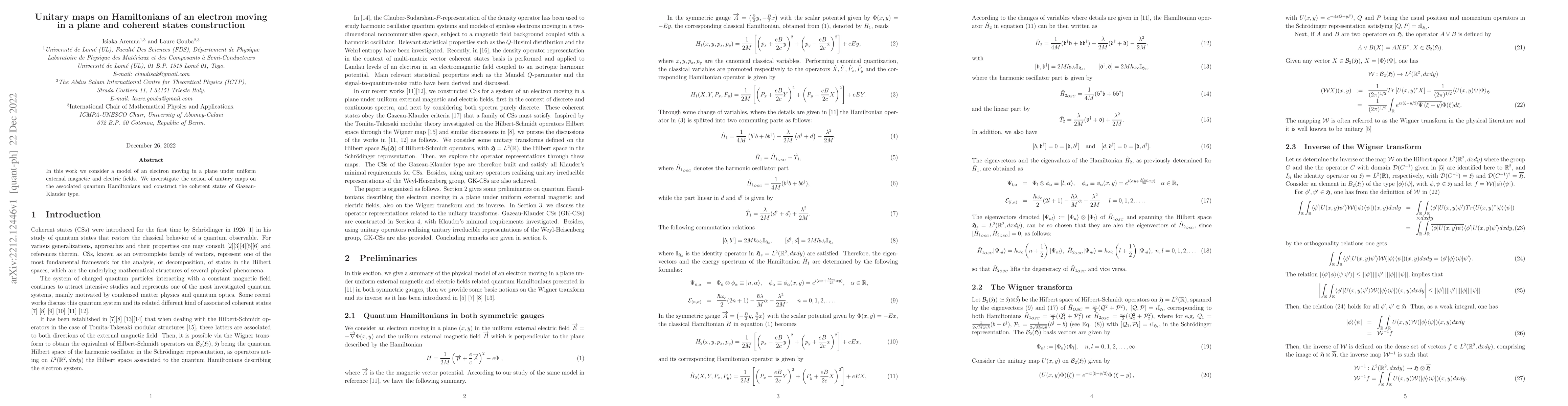 Thumbnail for Unitary maps on Hamiltonians of an electron moving in a plane and
  coherent states construction
