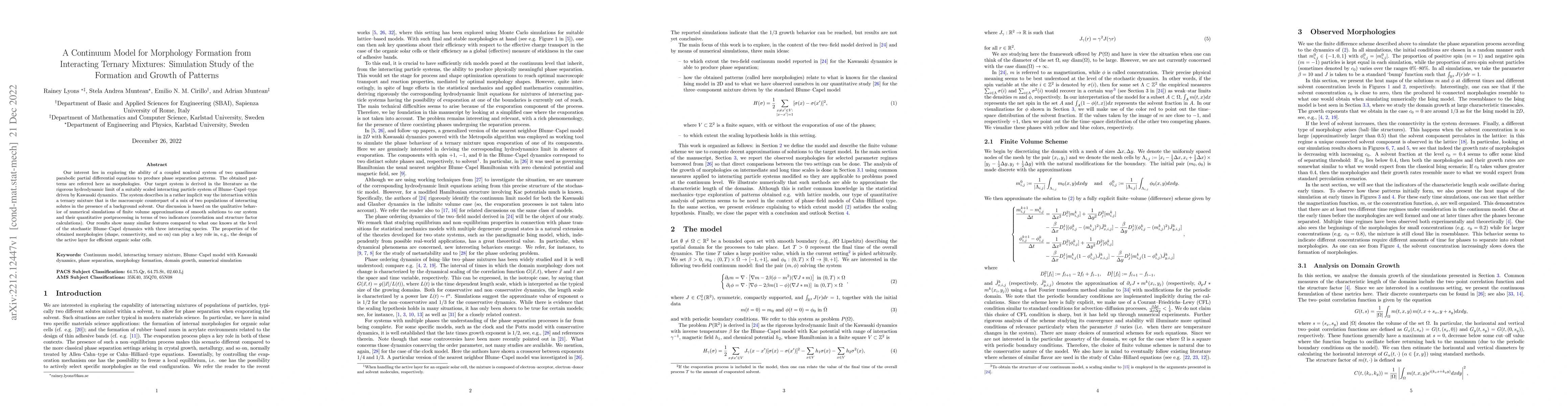 Thumbnail for A Continuum Model for Morphology Formation from Interacting Ternary
  Mixtures: Simulation Study of the Formation and Growth of Patterns