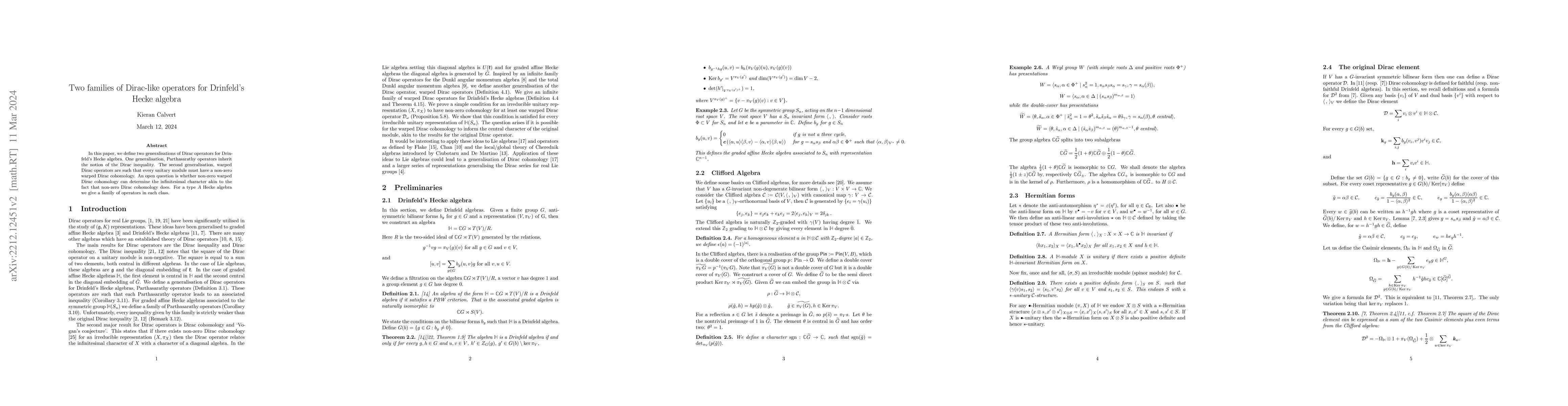 Thumbnail for Two families of Dirac-like operators for Drinfeld's Hecke algebra