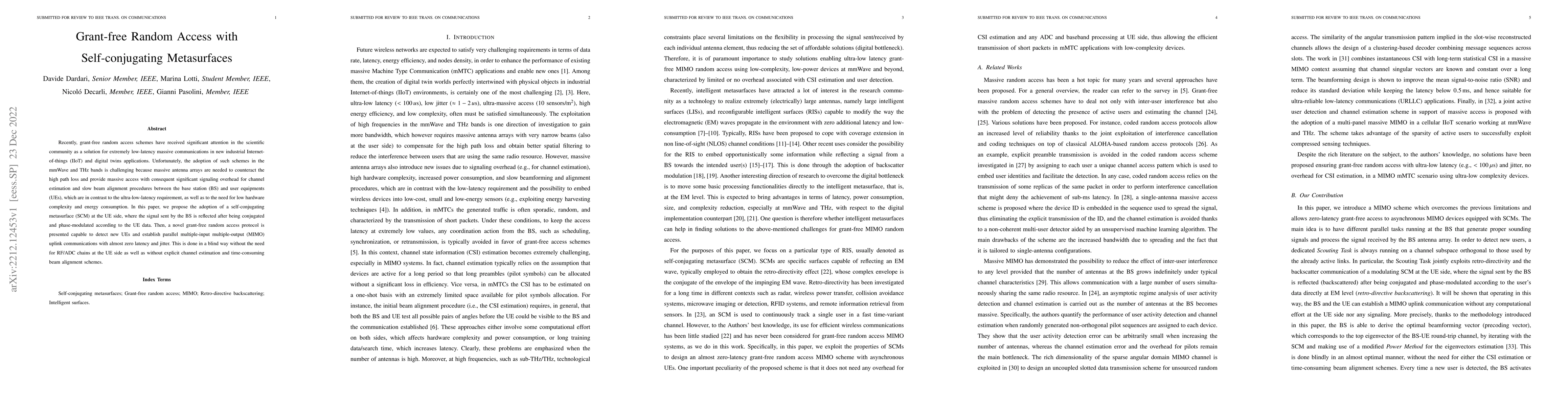 Thumbnail for Grant-free Random Access with Self-conjugating Metasurfaces