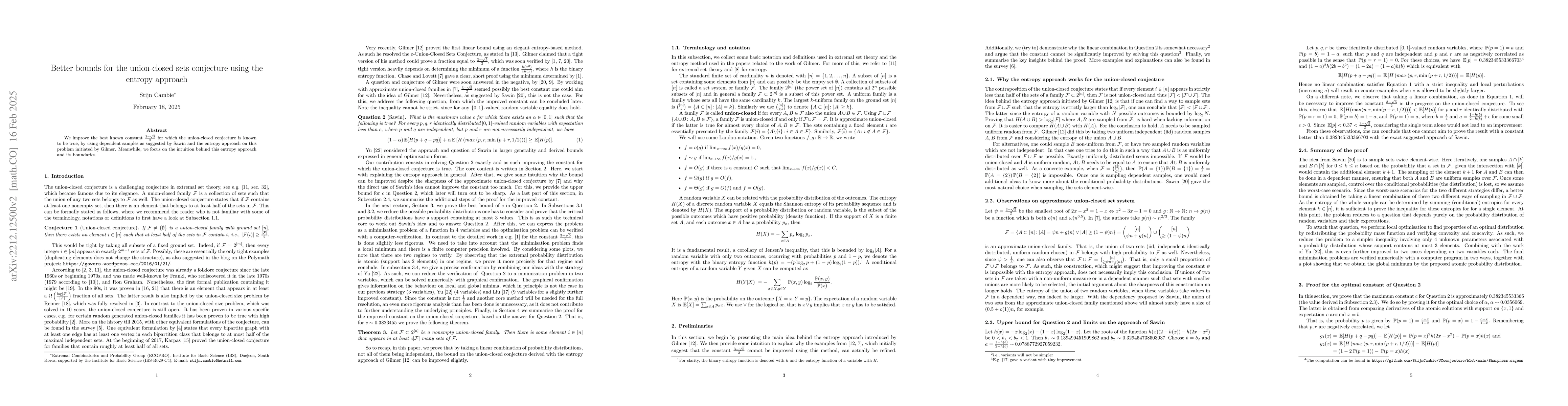 Thumbnail for Better bounds for the union-closed sets conjecture using the entropy
  approach