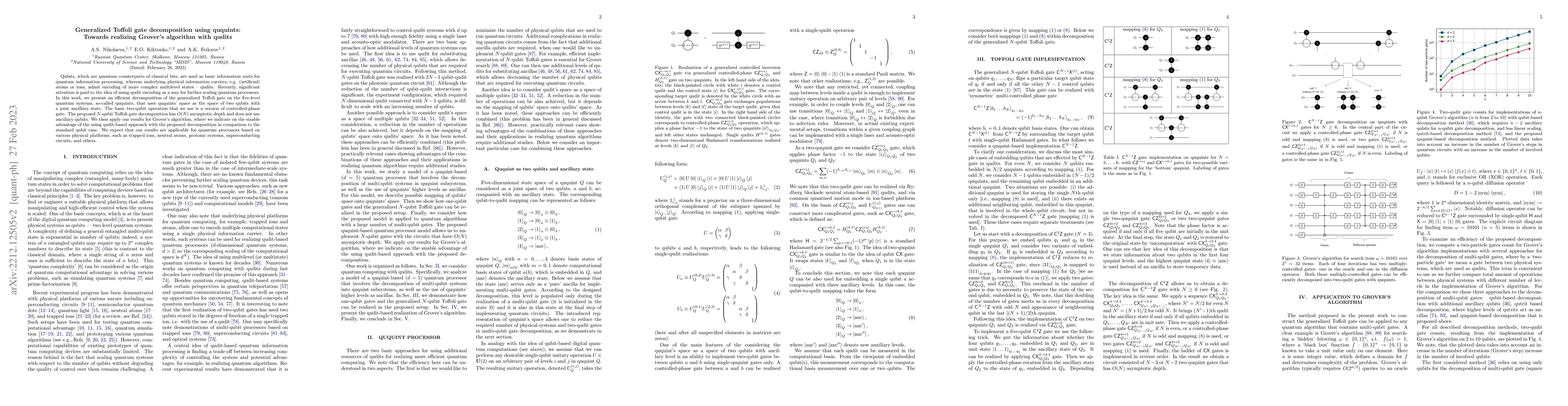 Thumbnail for Generalized Toffoli gate decomposition using ququints: Towards realizing
  Grover's algorithm with qudits