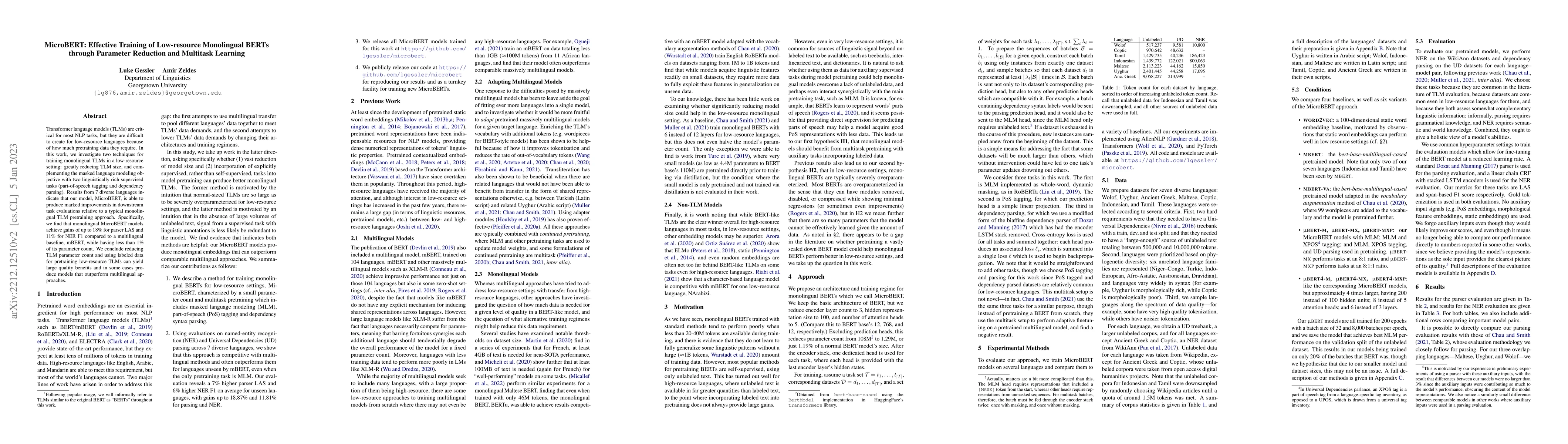 Thumbnail for MicroBERT: Effective Training of Low-resource Monolingual BERTs through
  Parameter Reduction and Multitask Learning