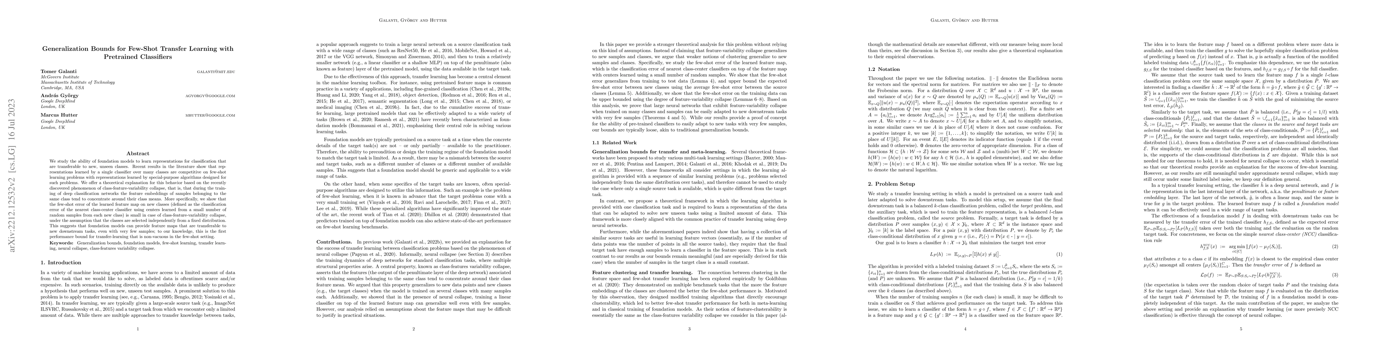 Thumbnail for Generalization Bounds for Few-Shot Transfer Learning with Pretrained
  Classifiers