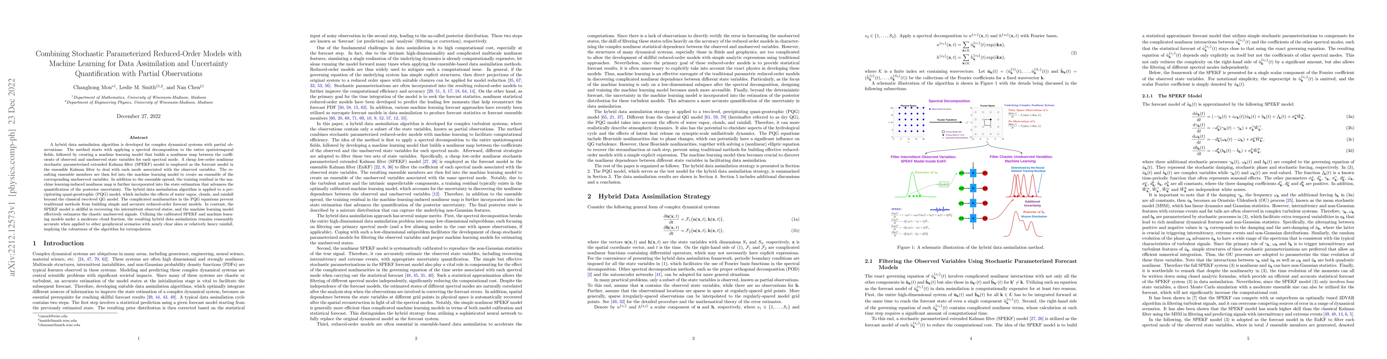 Thumbnail for Combining Stochastic Parameterized Reduced-Order Models with Machine
  Learning for Data Assimilation and Uncertainty Quantification with Partial
  Observations