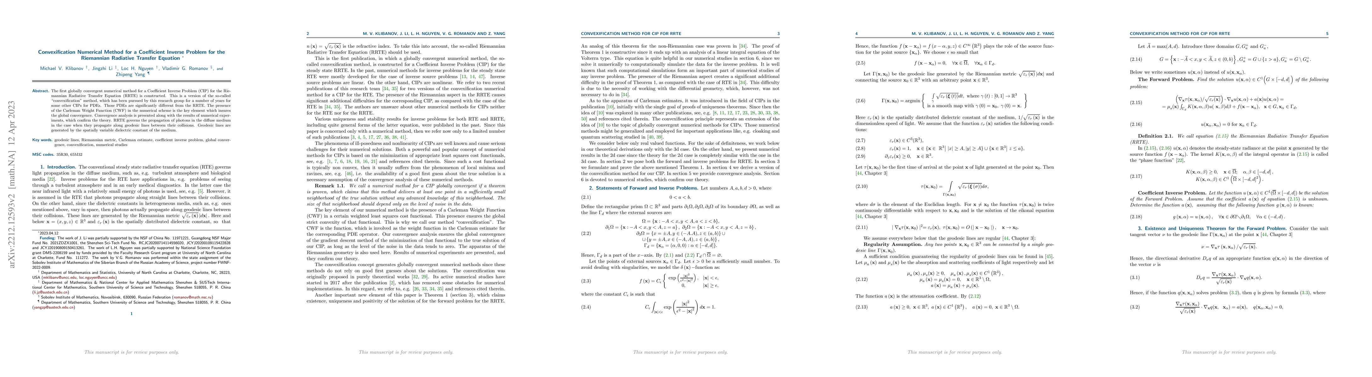 Thumbnail for Convexification Numerical Method for a Coefficient Inverse Problem for
  the Riemannian Radiative Transfer Equation